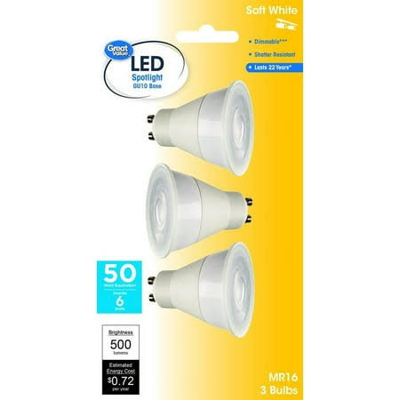 Great Value LED Light Bulb 7W 50W Equivalent MR16 Lamp GU10 Base Dimmable - Soft White - 3 Pack